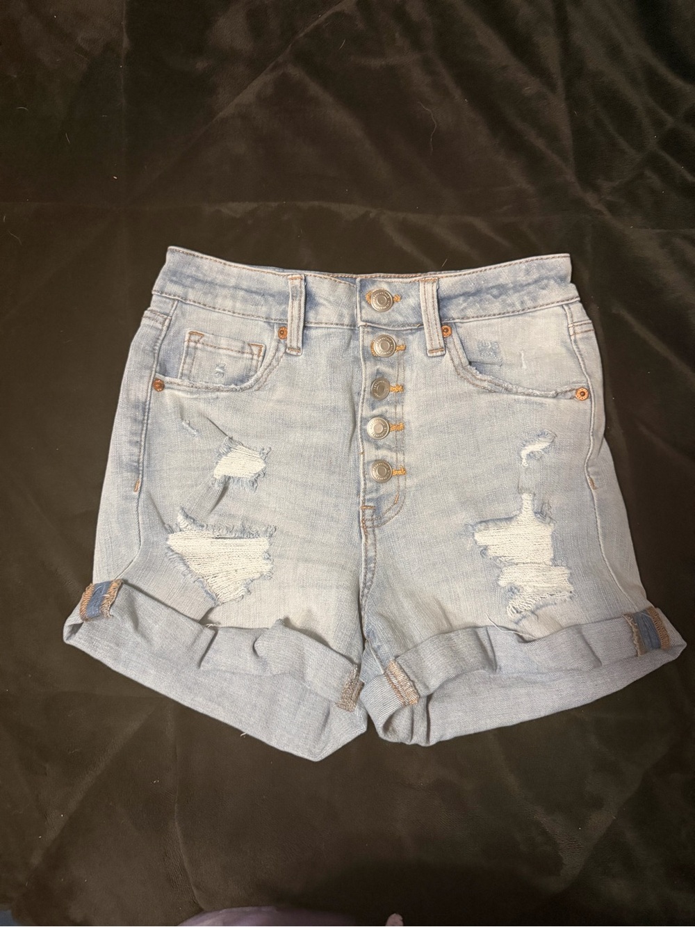Light Wash High-Rise Distressed Denim Shorts with Button Fly